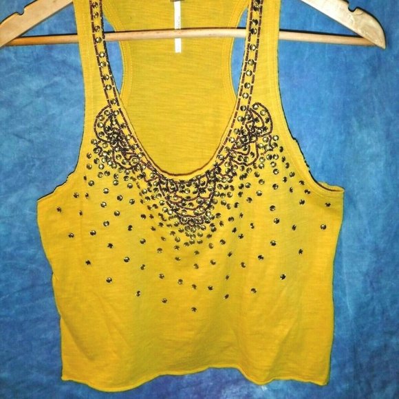 FREE PEOPLE Bohemian Crop Yellow Sequin Tank Top - Picture 1 of 4